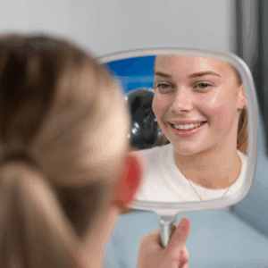 Patient smiling in mirror